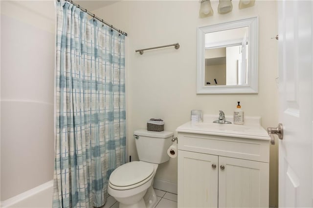full bath featuring vanity, toilet, tile patterned floors, and shower / bath combination with curtain