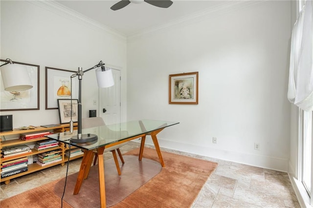 office area featuring crown molding, baseboards, a ceiling fan, and stone finish flooring