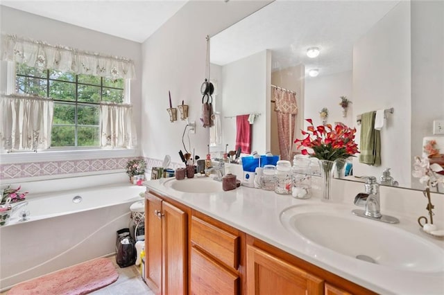 bathroom with a garden tub, double vanity, a shower with curtain, and tile patterned floors