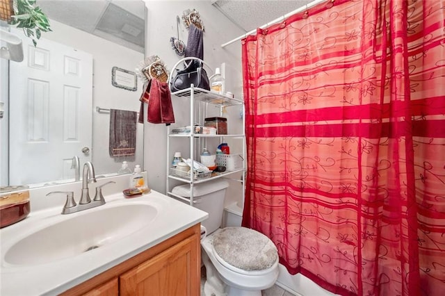 full bath with toilet, vanity, shower / bathtub combination with curtain, and a textured ceiling