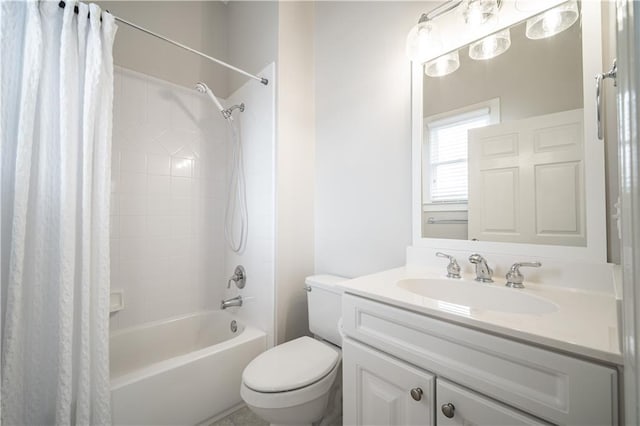 full bathroom with shower / tub combo with curtain, toilet, and vanity