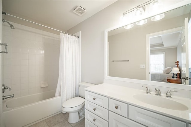 ensuite bathroom featuring toilet, tile patterned floors, shower / bathtub combination with curtain, vanity, and ornamental molding
