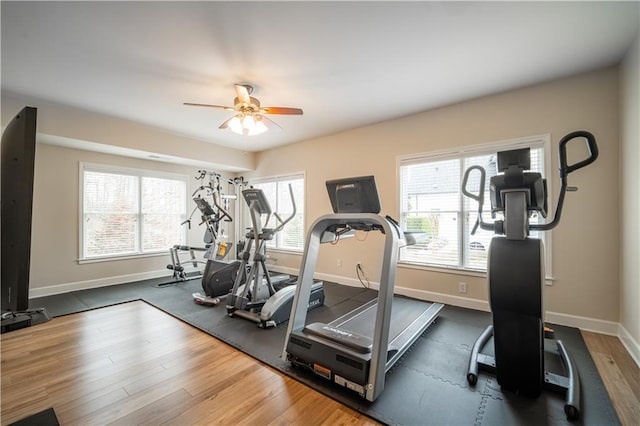 workout area with a ceiling fan, baseboards, and wood finished floors