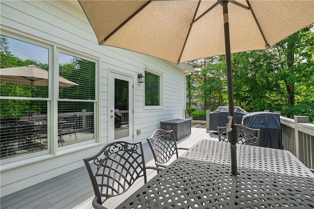 deck with outdoor dining area and area for grilling