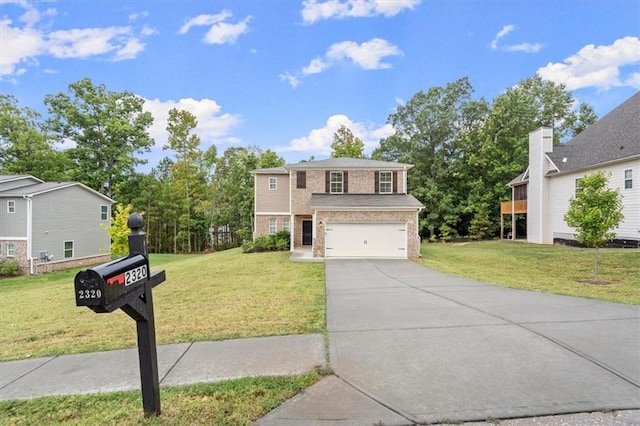 front facade with a garage and a front lawn