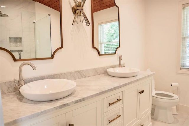 3050 Baymount Dr, Lawrenceville, GA 30043 - bathroom with double vanity, a tile shower, and wooden ceiling
