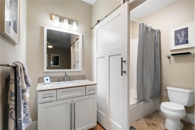 bathroom featuring toilet, ceiling fan, shower / bathtub combination with curtain, and vanity