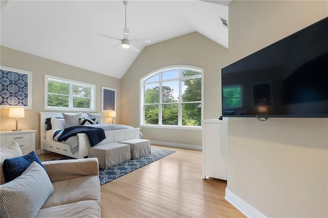 bedroom with visible vents, wood finished floors, baseboards, high vaulted ceiling, and a ceiling fan