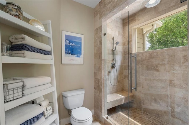 bathroom featuring toilet and a shower stall