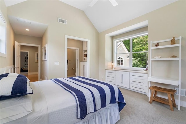 bedroom featuring baseboards, a ceiling fan, vaulted ceiling, and visible vents