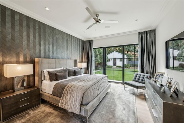 bedroom with access to outside, ornamental molding, and a ceiling fan