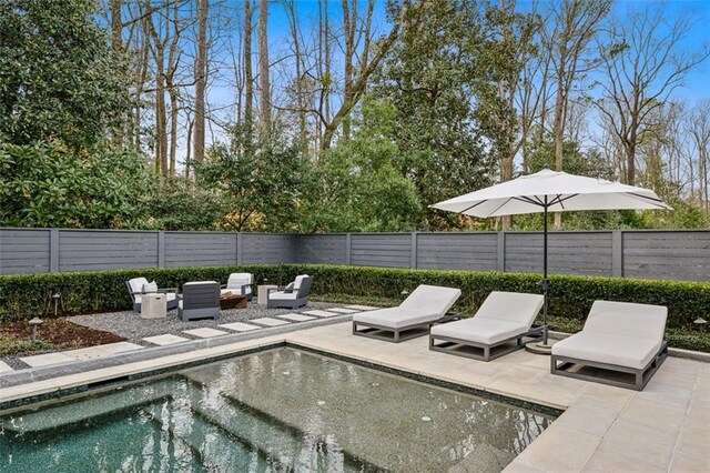 view of swimming pool featuring a fenced in pool, a fenced backyard, and a patio