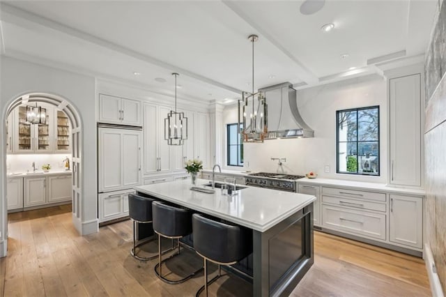 kitchen with custom exhaust hood, light countertops, light wood-style flooring, a kitchen island with sink, and a sink