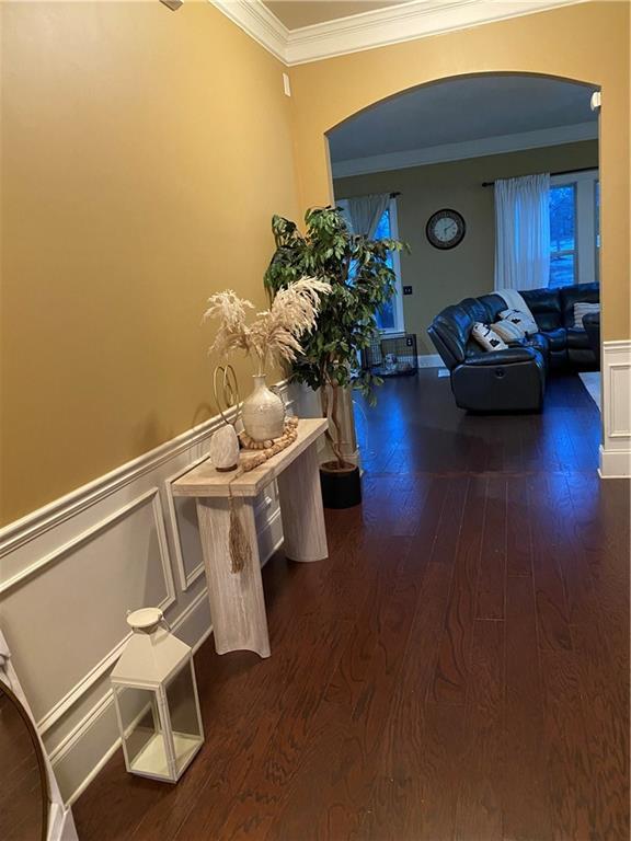 corridor with crown molding and dark hardwood / wood-style floors