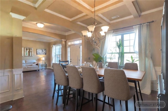 dining room featuring beam ceiling, a notable chandelier, crown molding, coffered ceiling, and dark hardwood / wood-style flooring