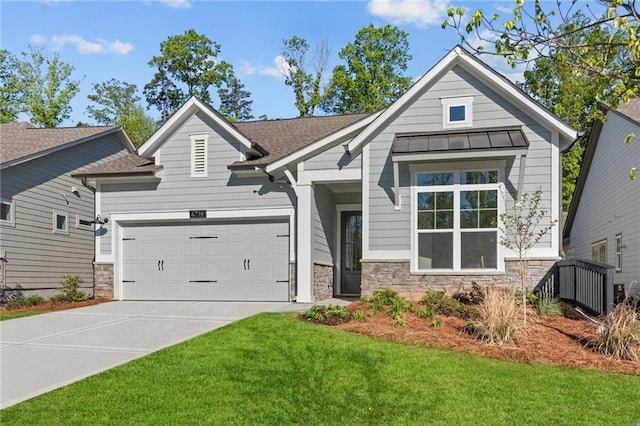 view of front of property with roof with shingles, concrete driveway, a garage, and stone siding