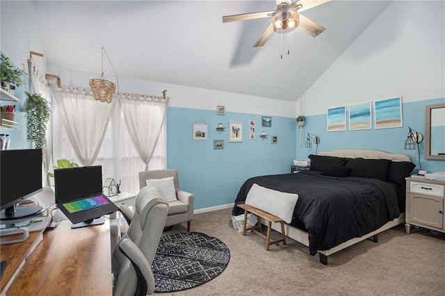 carpeted bedroom with high vaulted ceiling and ceiling fan