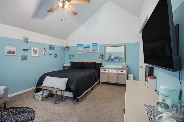 bedroom featuring ceiling fan, light colored carpet, and high vaulted ceiling