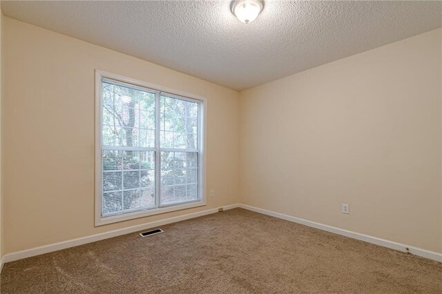 carpeted spare room with a textured ceiling