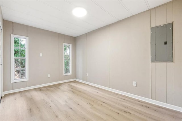 spare room with light wood-type flooring, plenty of natural light, and electric panel