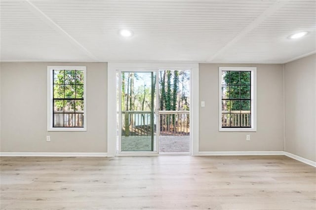 spare room featuring plenty of natural light and light hardwood / wood-style flooring