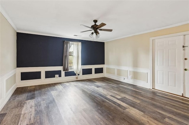 spare room featuring crown molding, ceiling fan, and hardwood / wood-style flooring