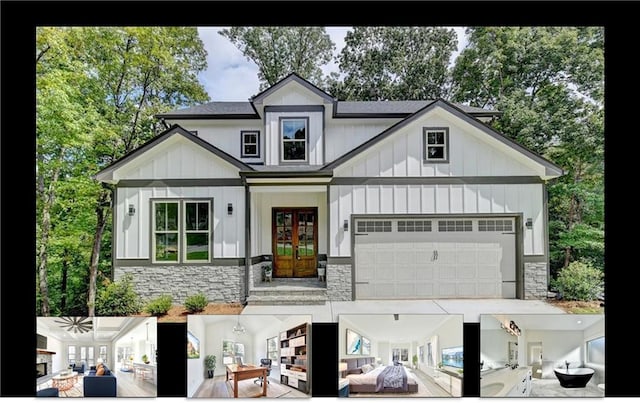 view of front of home with french doors and a garage