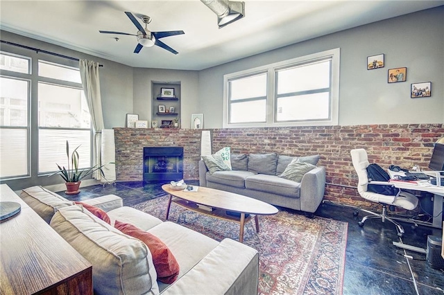 350 Peters St SW Unit 19, Atlanta, GA 30313 - living room with a ceiling fan, a fireplace, and brick wall
