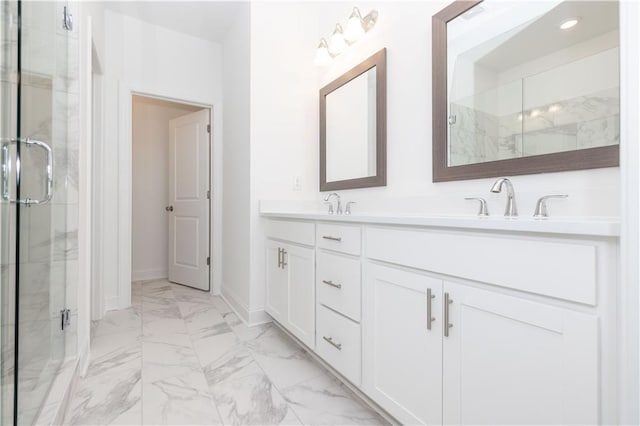 4231 Millcroft Pl Unit 207, Buford, GA 30518 - bathroom featuring double vanity, a marble finish shower, marble look tiles, baseboards, and recessed lighting