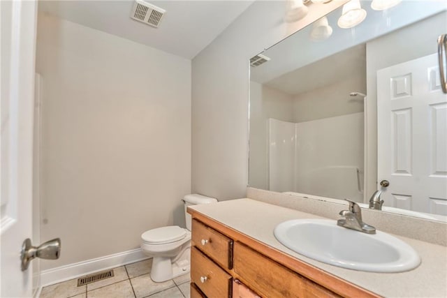 bathroom with tile patterned flooring, vanity, toilet, and walk in shower