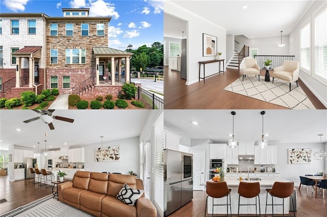 350 Provenance Dr, Atlanta, GA 30328 - living area featuring dark wood-style floors, a ceiling fan, stairs, and recessed lighting