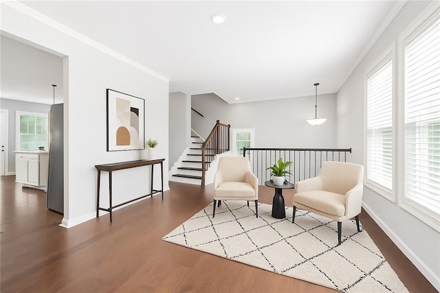 350 Provenance Dr, Atlanta, GA 30328 - sitting room featuring wood finished floors, stairway, ornamental molding, and recessed lighting