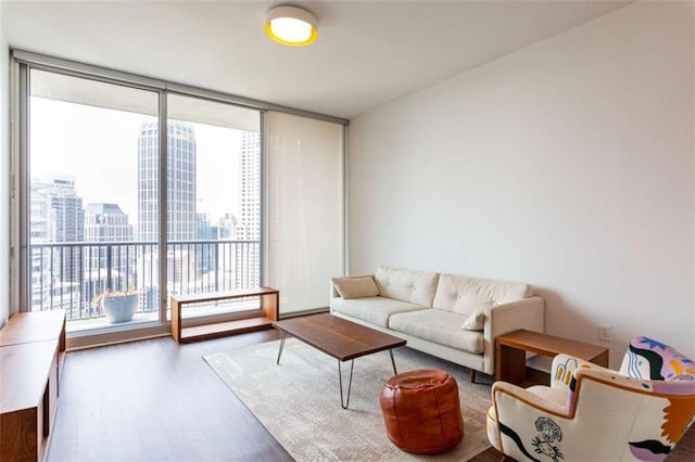 living room with floor to ceiling windows, a city view, and wood finished floors