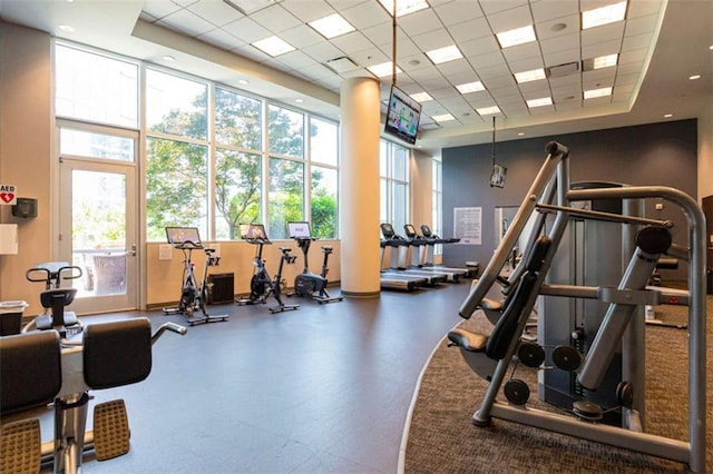 gym featuring a high ceiling and a drop ceiling