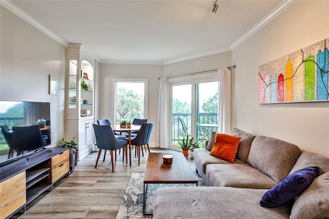 living area featuring crown molding and light wood-style floors