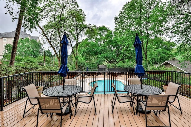 wooden deck with a fenced in pool