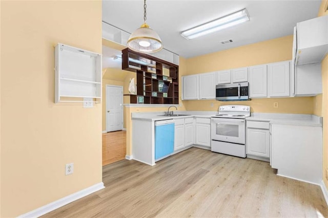 kitchen with light wood-type flooring, dishwasher, white cabinetry, white electric stove, and decorative light fixtures