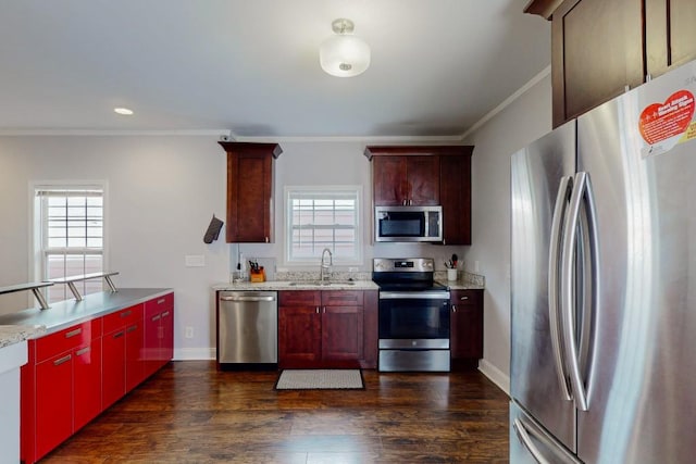 kitchen featuring a sink, plenty of natural light, appliances with stainless steel finishes, and dark wood finished floors