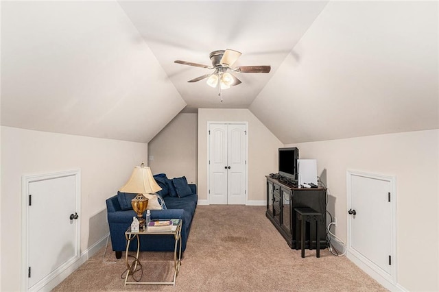 sitting room featuring carpet floors, lofted ceiling, and ceiling fan