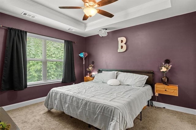 560 Vandenburg Dr, Villa Rica, GA 30180 - bedroom with a raised ceiling, carpet floors, ornamental molding, and a ceiling fan