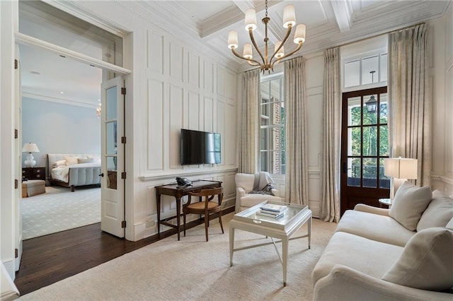 living room with crown molding, beamed ceiling, carpet flooring, a notable chandelier, and coffered ceiling