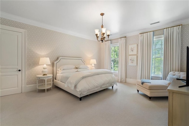 bedroom with ornamental molding, an inviting chandelier, and light carpet