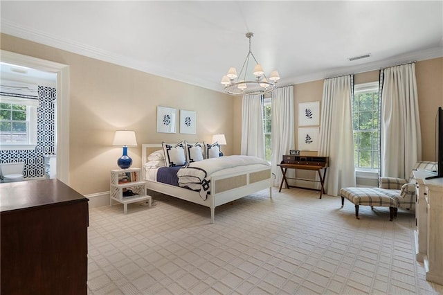 bedroom featuring visible vents, baseboards, an inviting chandelier, and ornamental molding