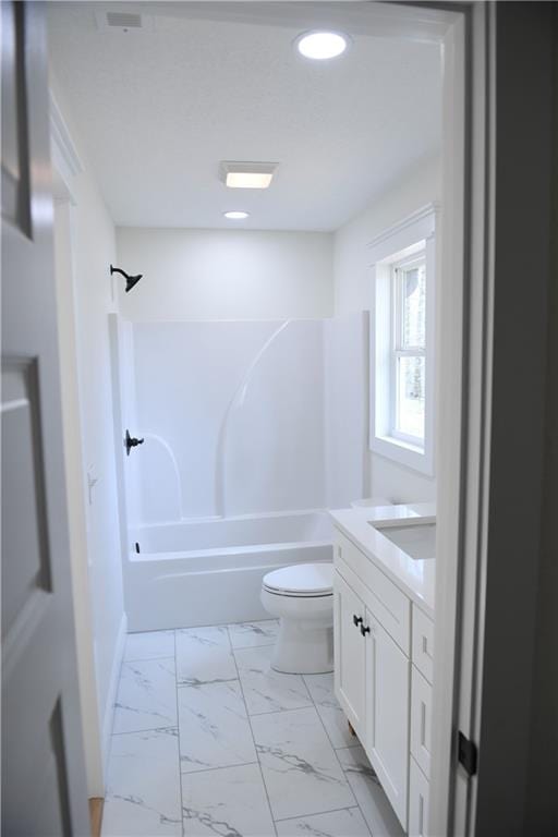 446 Brown Bridge Rd, Chatsworth, GA 30705 - full bathroom featuring vanity, toilet, bathing tub / shower combination, marble look tiles, and recessed lighting