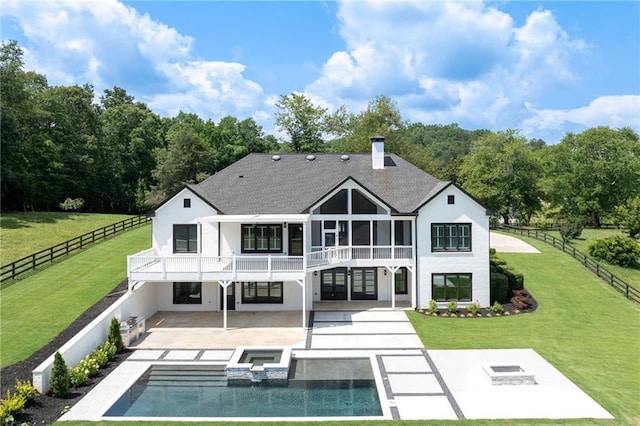 5651 Old Wilkie Rd, Gainesville, GA 30506 - rear view of house with a patio area, a balcony, french doors, a pool with connected hot tub, and a fenced backyard