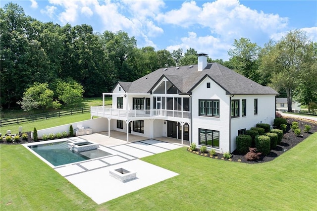 5651 Old Wilkie Rd, Gainesville, GA 30506 - rear view of house with a patio, stucco siding, an outdoor fire pit, a chimney, and a pool with connected hot tub