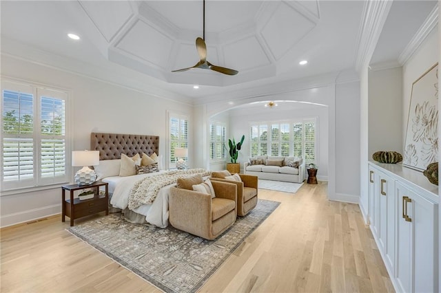 5651 Old Wilkie Rd, Gainesville, GA 30506 - bedroom with coffered ceiling, ornamental molding, arched walkways, light wood-type flooring, and recessed lighting