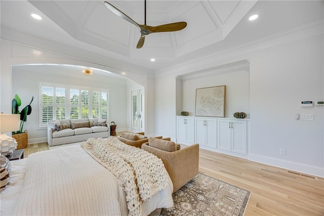 5651 Old Wilkie Rd, Gainesville, GA 30506 - bedroom featuring coffered ceiling, arched walkways, crown molding, light wood-style floors, and recessed lighting