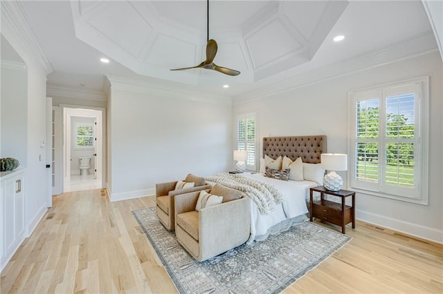 5651 Old Wilkie Rd, Gainesville, GA 30506 - bedroom featuring multiple windows, light wood-style flooring, crown molding, coffered ceiling, and recessed lighting