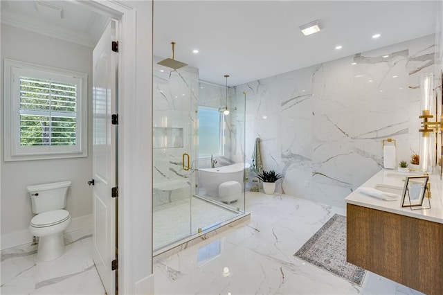 5651 Old Wilkie Rd, Gainesville, GA 30506 - full bath featuring marble tiled floors, a marble finish shower, a soaking tub, vanity, and ornamental molding